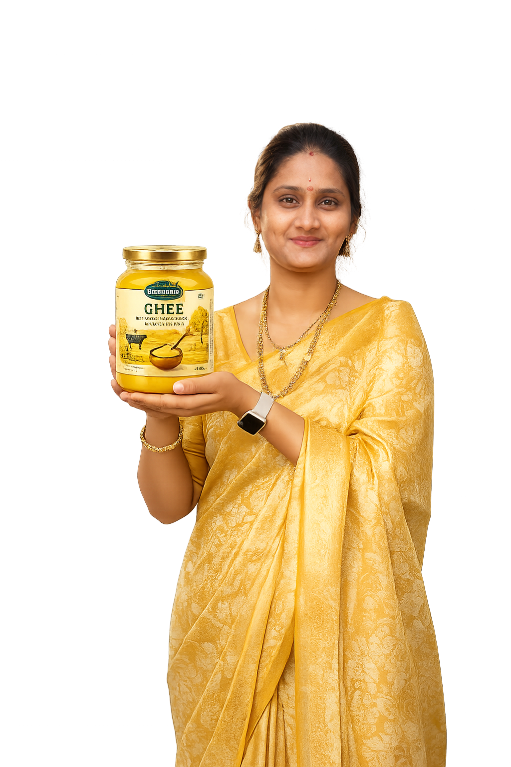 Sri Kamadhenu Organics representative holding a ghee product